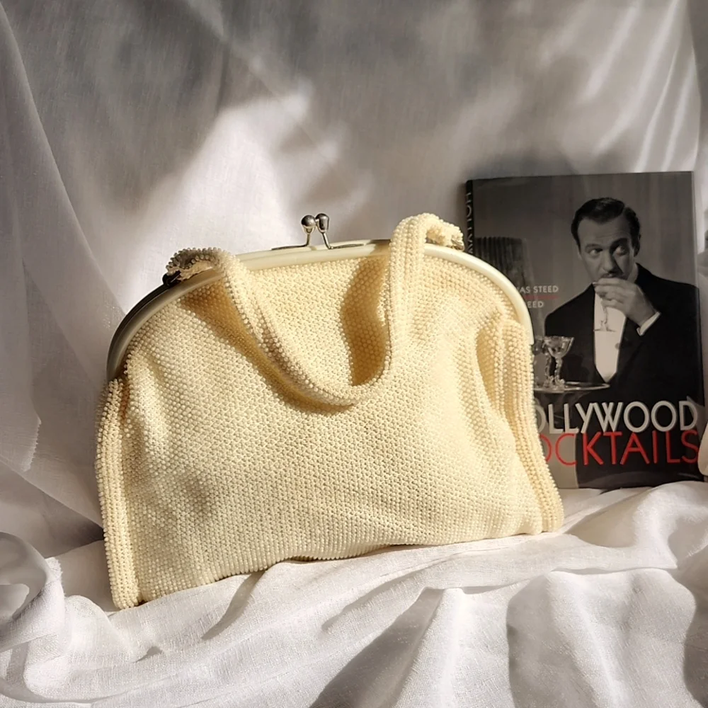 Vintage 1950's Unbranded Off-White Medium-Size Beaded Bag, $40